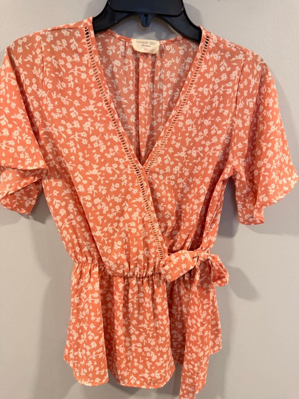 Peach Floral Wrap Blouse with Tie Waist